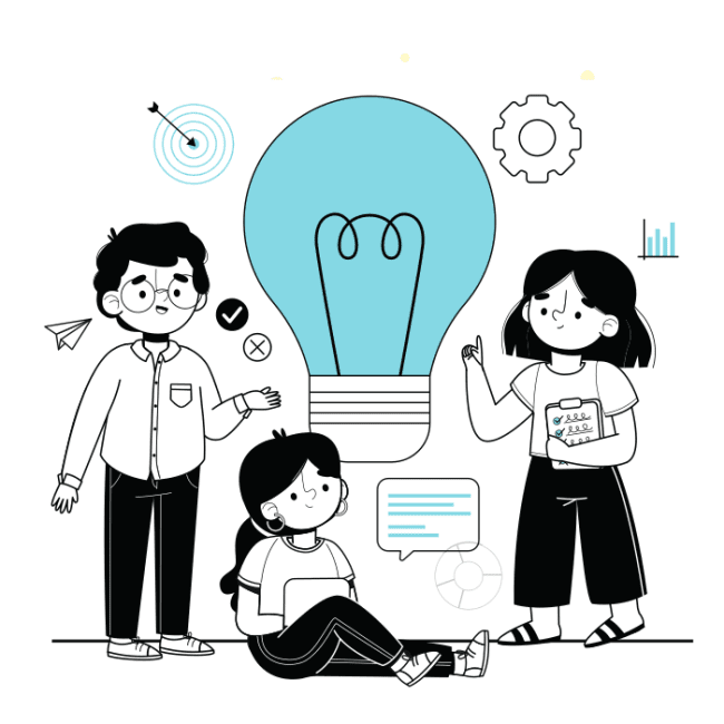 Tres personas colaborando creativamente alrededor de un gran foco de luz, simbolizando la generación de ideas y el trabajo en equipo.